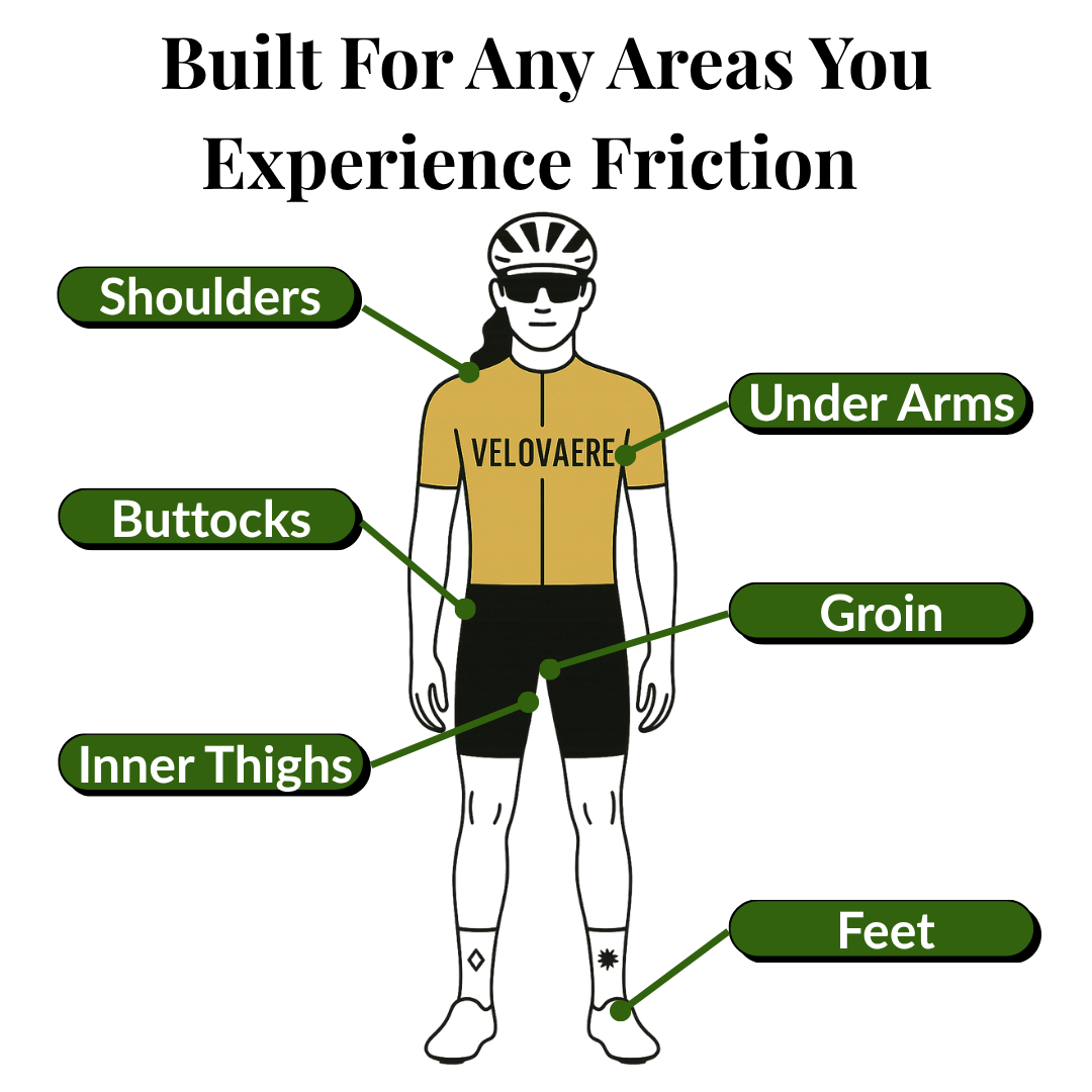 All areas Velovaere chamois cream can be applied to stop chafing 